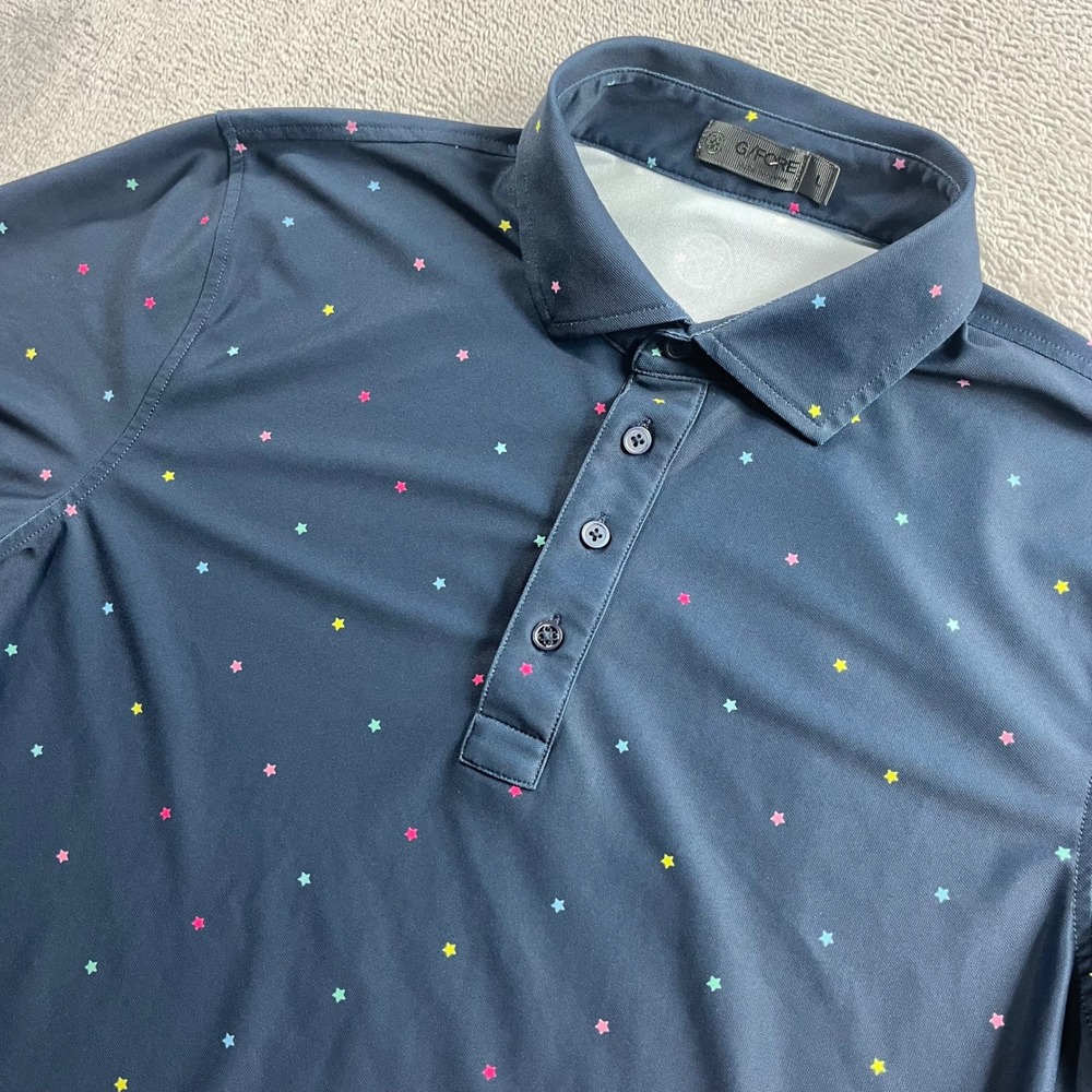 G/FORE Mens Navy Blue Multicolor Star Print Short Sleeve Golf Polo Shirt L